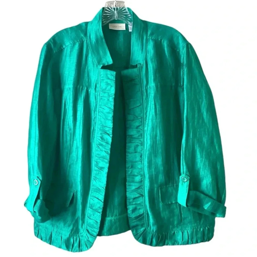 CHICO’S | Women’s Linen Blend Open Green Blazer Jacket Size 3 (XL/16)